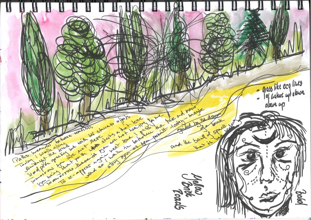 Ink and watercolour sketch of a yellow path lined by trees and grasses, the draft of the above poem is written on the yellow path. 
The format is horizontal and the bottom right corner which is free has a rough sketch of Babd one of the iterations of the Morrigan 